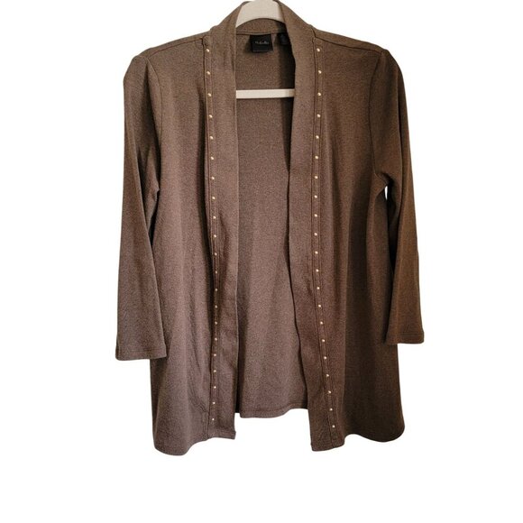 Rafaella Taupe Open-Front Cardigan With Gold Stud Details Long Sleeves Cotton/Po - Picture 1 of 8